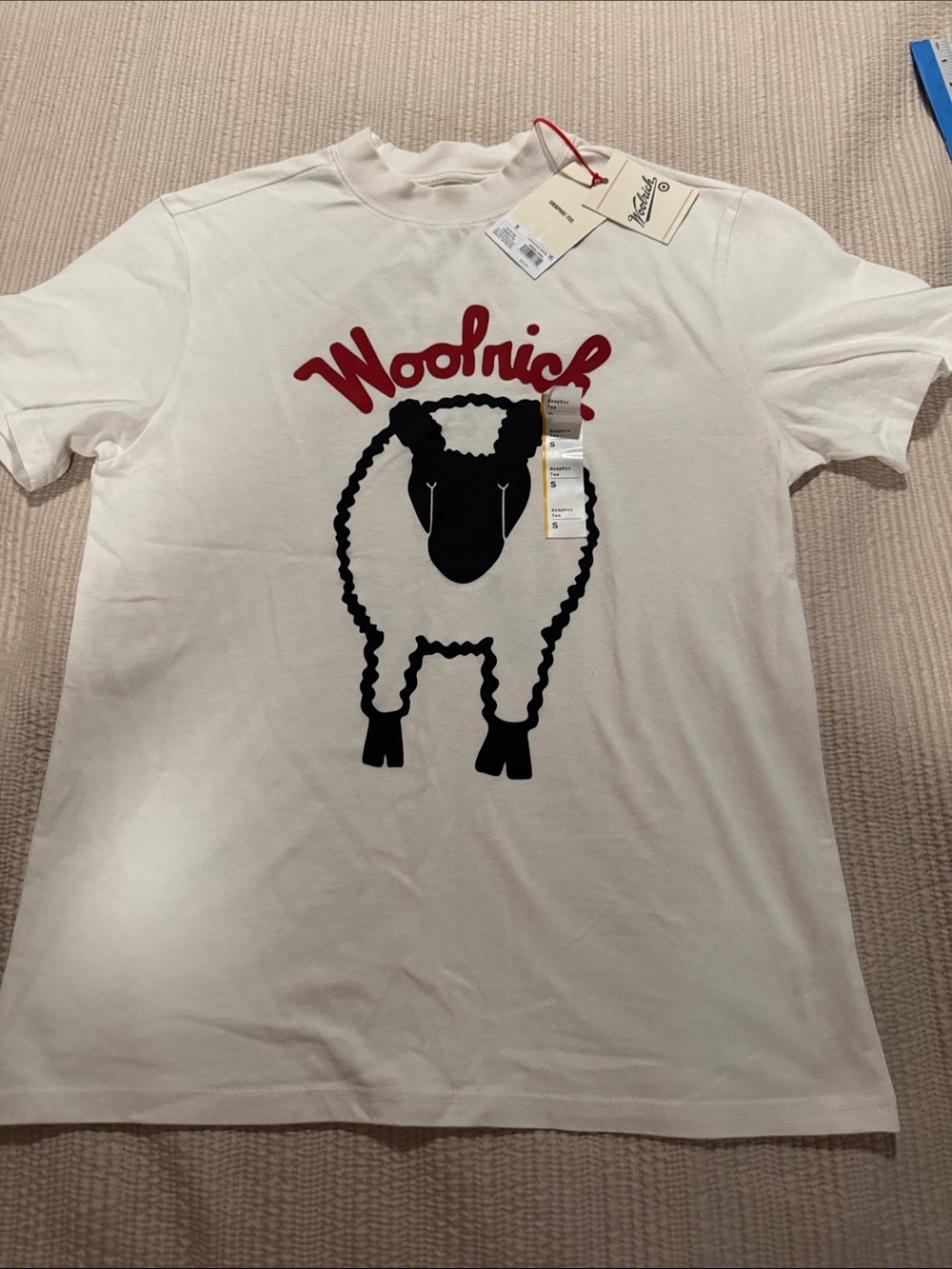 Woolrich White Tee with Black Sheep and Red Logo Unisex